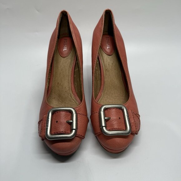 Fossil Women's Leather‎ Heels Size 9 Coral Buckle Toe Block Heel Retro Style - Picture 5 of 15